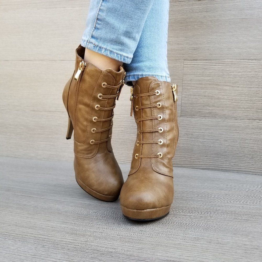 Khaki Platform High Heel Boots Light Fur inside - Picture 5 of 7